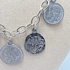 Vintage Coin Charm Necklace Grechian Silver Toned Size 18.5”