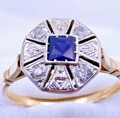 Vintage 18ct Yellow Gold Sapphire Diamond Ring Art Deco Octagonal Size 8