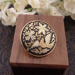 Vintage Damascene Miniature Round Bird Flower Trombone Clasp Pin Brooch