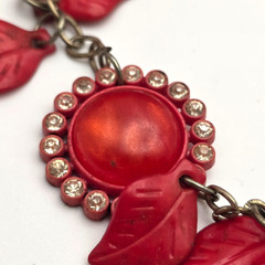 Vintage Bakelite Lucite Floral Bib Necklace Red Leaves Rhinestone Cabochon 21 In
