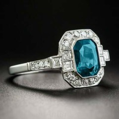 Art Deco Blue Topaz & Lab-Created Diamond Halo Wedding 14K White Gold FN Ring