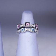1990’s 18K White Gold-Plated Pink and Blue square stone 2 ring stack