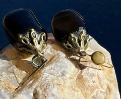 Vintage Eggplant Glass French Jet Style Dangle-Drop Earrings w Ornate Metal Caps