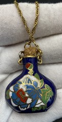VTG Gold Tone 18 1/2” Necklace Blue Enamel Floral Cloisonne Bottle Poison Vase