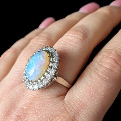 Vintage Opal Diamonds 14k White Gold Large Cocktail Ring Halo Estate Gift