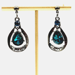 Blue Glass Water Droplet Drop Dangle Silver Tone Sparkly Fancy Pierced Earrings