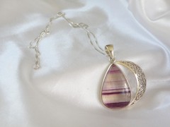 Large Sterling Silver 925 Fluorite Crescent Moon Pendant Necklace