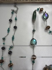 Vntg Long Green Faceted Crystal Bead Necklace Silver Tone Artisan Boho Layering