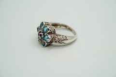 Vintage Blue Topaz Amethyst Flower Sterling Silver Ring Size 7.5