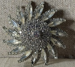 Vintage 1950s Starburst Clear Rhinestone Brooch Pin Silver Tone