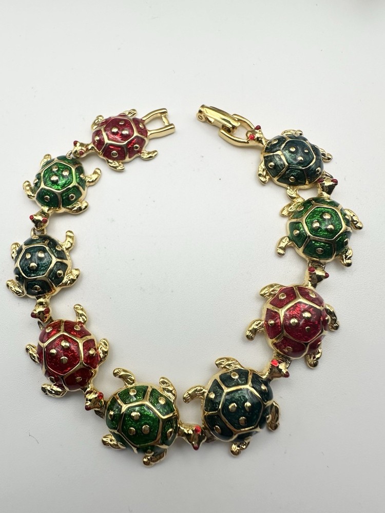 Vintage Gold Tone and Enamel Multi Color Turtle Bracelet 7.5”