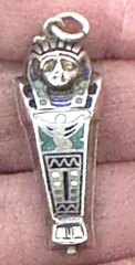 ANTIQUE EGYPTIAN REVIVAL SILVER,ENAMEL SARCOPHAGUS & MOMMY CHARM OPEN PENDANT