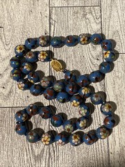 Vintage Cloisonne Bead Necklace Chinese Export Blue Pink Red Flower Beaded 25”