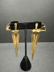 Vintage Art Deco Statement Goldtone Black Rhinestone Earrings Large Drop Clip-on