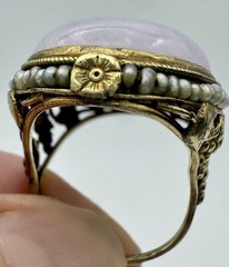 VINTAGE ANTIQUE 14K YELLOW GOLD GENUINE LAVENDER JADE SEED PEARL RING SZ. 6 3/4