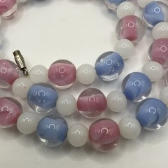 Vintage Art Glass Necklace 22” Pastel Pink Blue White Beads Barrel Clasp