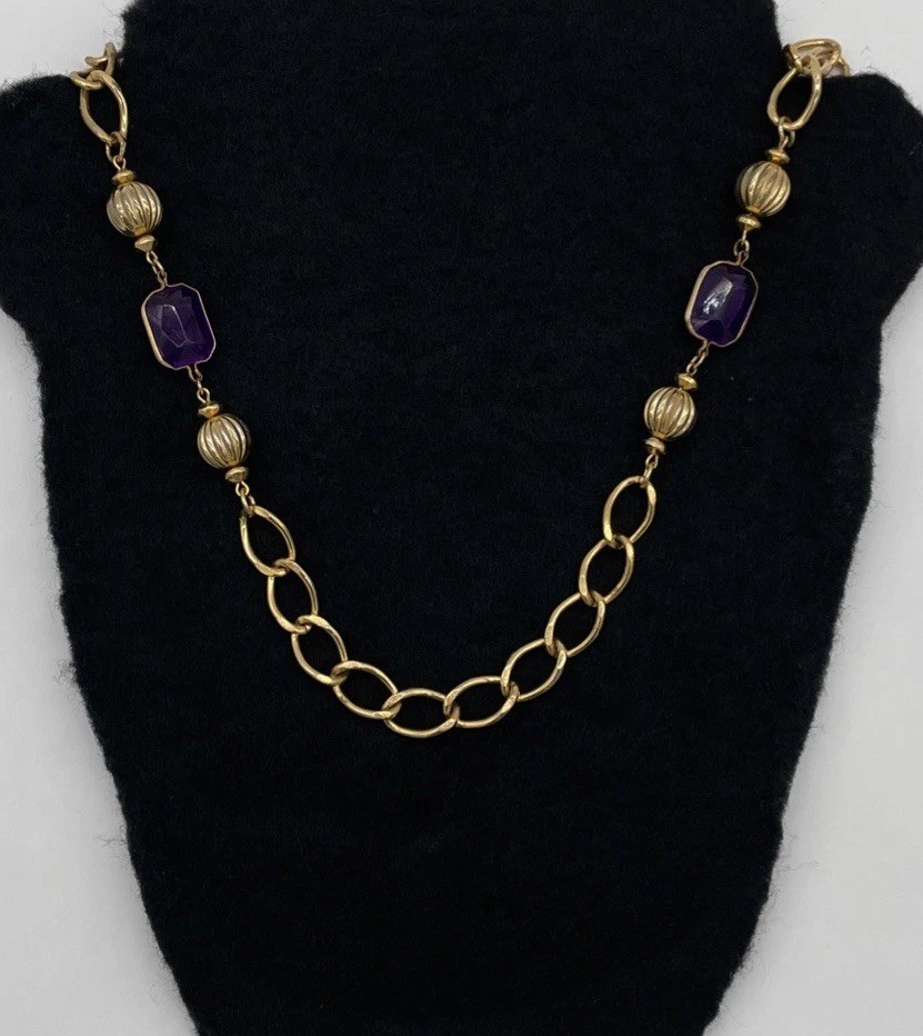 Vintage Unbranded Gold Tone Necklace With Emerald Cut Faux Amethyst Stones