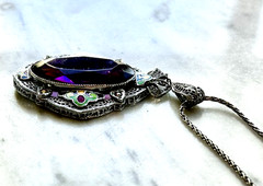 Deco Purple Glass & Multicolor Enamel Filigree Pendant Signed Helgen 17.75”Huge