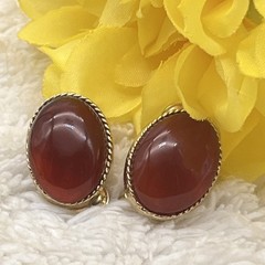 Vintage Swoboda Earrings Red Stone Cabochon Gold Tone .75″