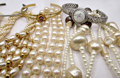 Vintage 6pc Lot Faux Pearl, Silver/Gold-tone Necklaces Cuff Bracelets Rhinestone