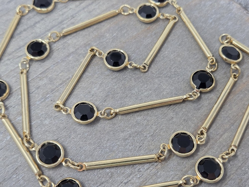 Princess House Gold Tone Black Bezel-Set Crystal Bar Chain Necklace 25″ Vintage