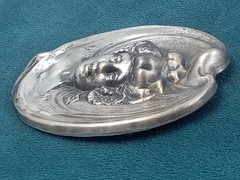 Large Ornate Antique Silver Tone Pressed Metal Victorian Lady’s Face Pin: 2.25″