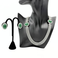 Eisenberg Ice Signed Green Glass Cabochon Clear Rhinestone Necklace Earring Set