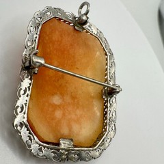 Antique Edwardian 1900s solid 14kt white gold carved shell cameo brooch pendant