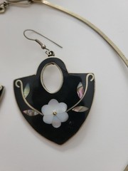 Vintage Mexico Alpaca Silver Inlay Cuff Necklace & Earrings Set Southwest