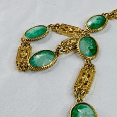 Vintage Accessocraft NYC Gold Tone Green Slag Glass Link Necklace 30” Pat Pend