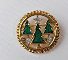 Vintage Christmas Tree Monet Brooch with org box 3 trees in circle w/rhinestone