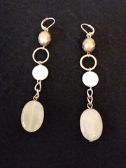 Vtg Brushed Gold & White Cabochon Stone Dangle Leverback Earrings 3.5 in Long