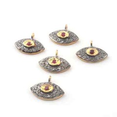 6ct Pave Diamond Evil Eye With Ruby Charm, 925 Sterling Vermeil Single Bail