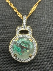JTV Foil Glass Silver 925 Pendant Necklace Green Aventurine Flake Gold Tone 19″