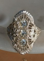 Art Deco Shield Ring w/3 Clear Stones Set In Silver Toned 18K Elec Plate Size 6