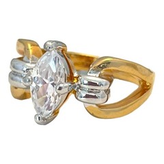 Vintage 1970s Vargas Marquise CZ Ring 18KT Gold Plate Two Tone Size 7 – 5T