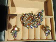 Vintage Clear Aurora Borealis Rhinestone Brooch and Clip on Earring Set Goldtone