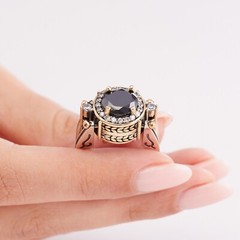 Turkish Reversible Round Red Ruby and Black Onyx Topaz 925 Sterling Silver Ring