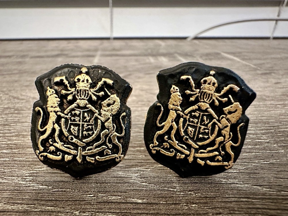 Vintage Gold Tone Crest Cufflinks Black Enamel Shield Lion Coat of Arms