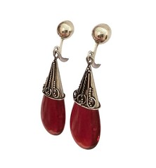 Sterling Red Glass Tear Drop Capped Dangle Clip On Earrings J505