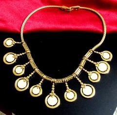 VTG Runway Rare Etruscan MONET Bib Necklace Dangle Sliding Charm White Enamel GP