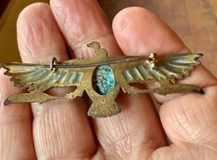 Revival Plique-à-jour Bird, winged scarab stone Brooch pin. Art Deco, Egyptian