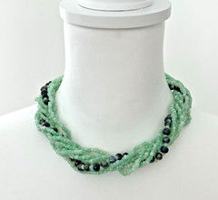 VTG Sea-green Glass Multi-Strand (8) Necklace 2 mm Beads w/Dark Beads Brass Hook