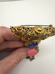 Vintage West Germany Brooch Blue Glass Gold Tone Signed FANTASTIC