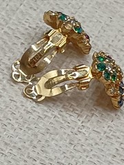 Vintage Ciner Floral Rhinestone Clip Earrings Blue Green Red Gold Tone READ