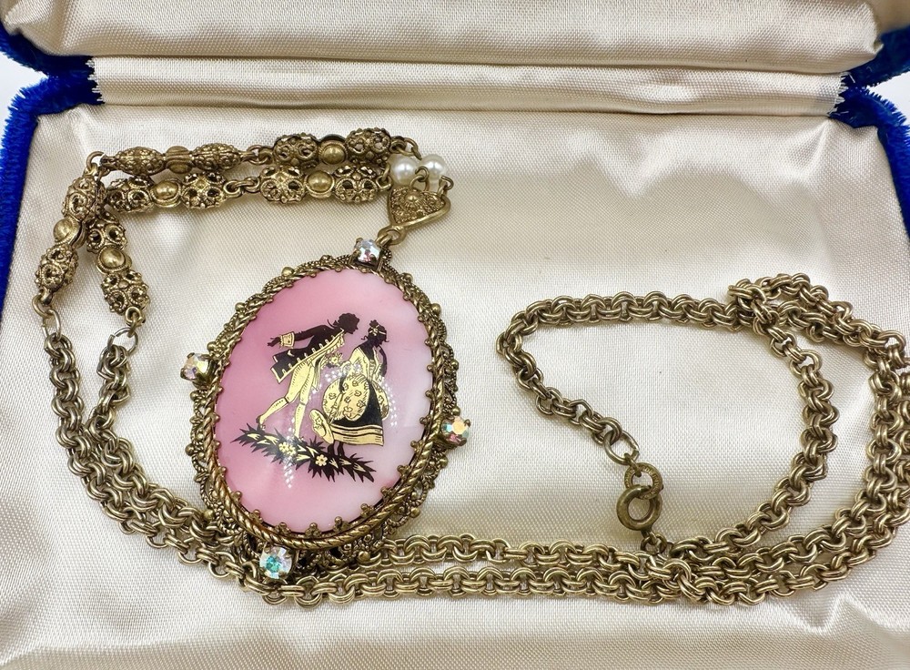 VTG Antique West Germany Couple Painted Bright Pink 32in Necklace Signed Read