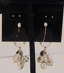 Faceted Crystal, Black, Silver and faux Pearl Bead Dangle Pierced Earrings EUC
