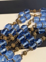 Antique Art Deco Blue Czech Glass & Brass Filigree 34 Inch Necklace 20s-30s