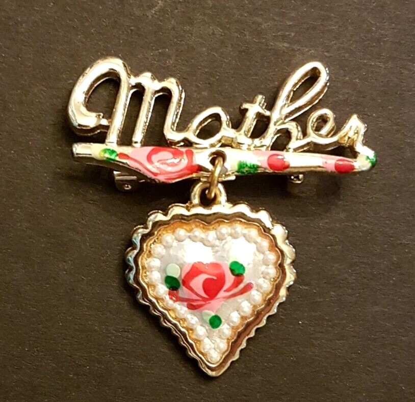 Mother’s Day Dangle Pink Red Rose Heart Brooch 2″ Script Statement Pin