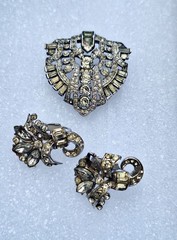 Vintage Clear Rhinestone Silver Tone Brooch Pin + Earrings 3 piece set